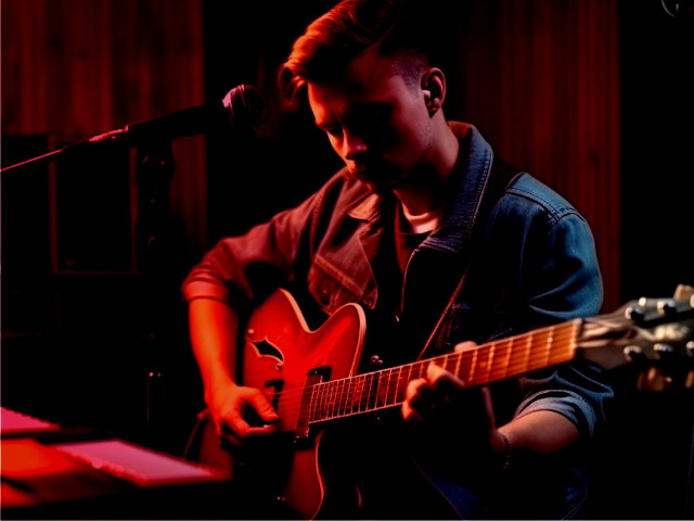 Guitarist playing in a dark studio